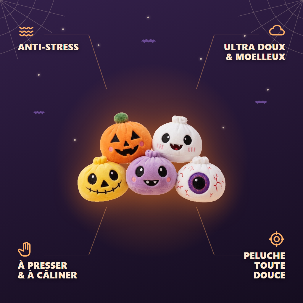 Squishy Dumpling Halloween Terrorífico Pack de 5 — antiestrés, ultra blando, efecto slow-rise