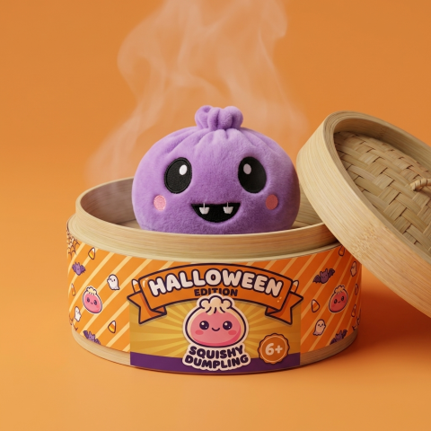 Squishy Dumpling Halloween Terrorífico Pack de 5 en su cesta de vapor de bambú
