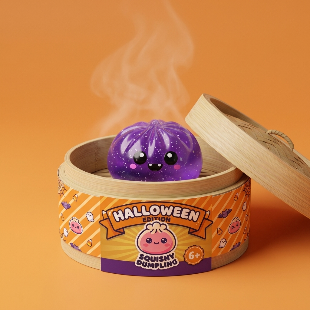 Squishy Dumpling Halloween Pack de 8 en su cesta de vapor de bambú