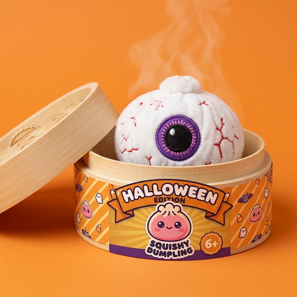 Dumpling Squishy Ojo Halloween en su cesta de vapor de bambú