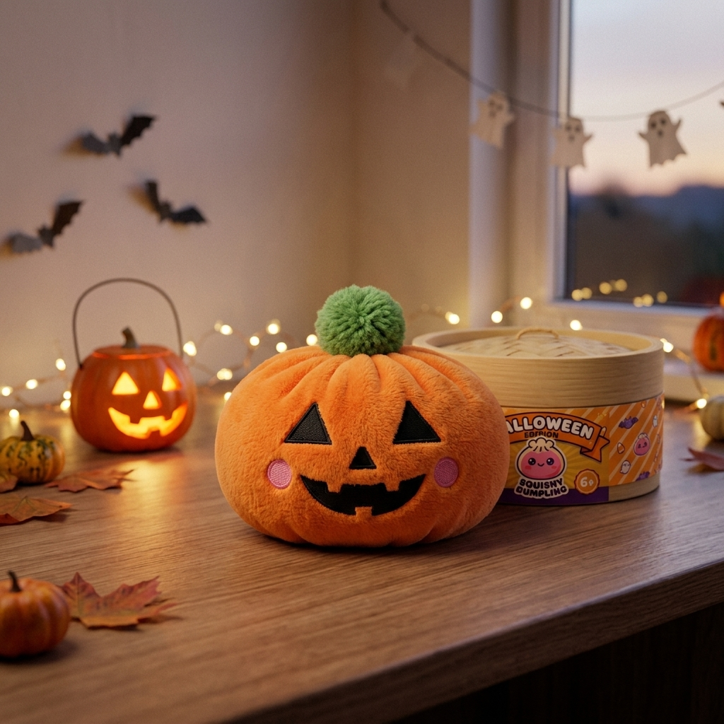 Squishy Dumpling Calabaza Halloween en un ambiente de escritorio