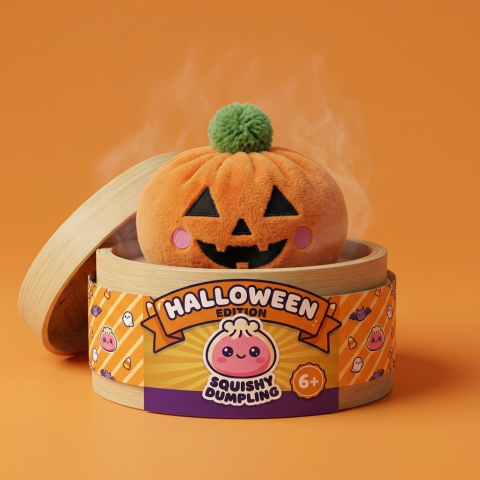 Squishy Dumpling Calabaza Halloween en su cesta de vapor de bambú