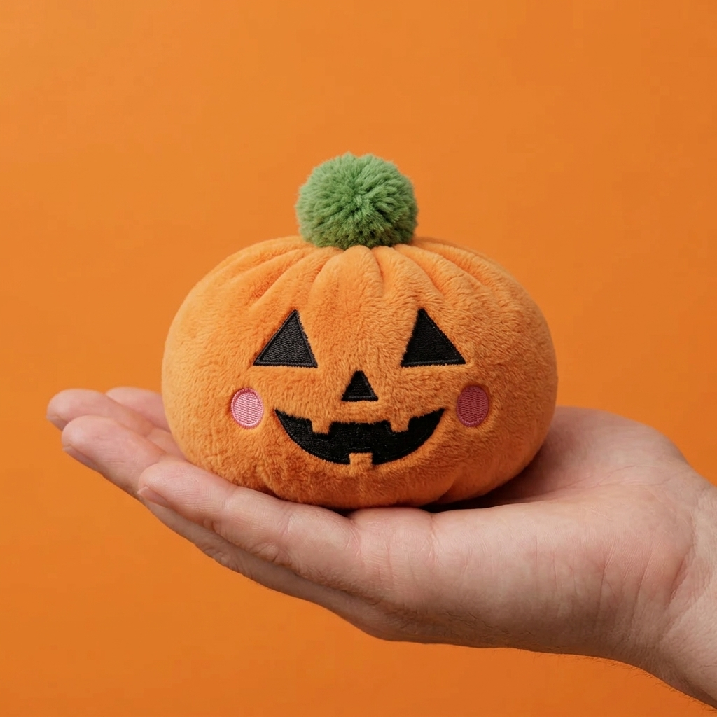 Squishy Dumpling Calabaza Halloween en la mano, tamaño real