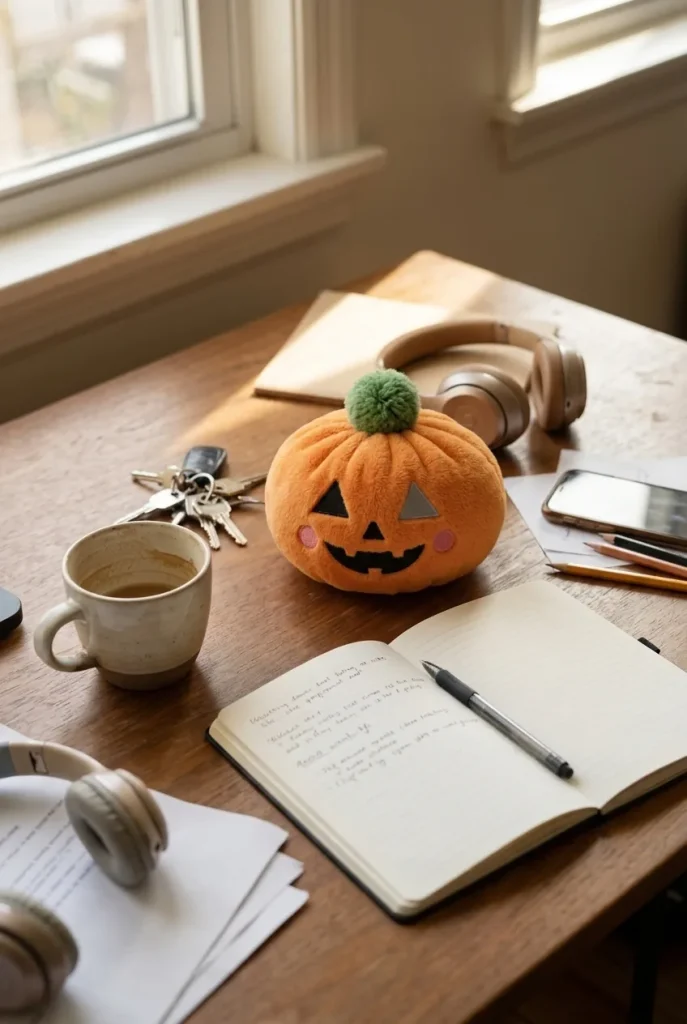 Squishy Dumpling Calabaza Halloween en un escritorio