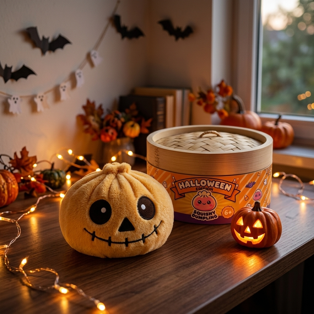 Skeleton Dumpling Squishy Halloween Sonriente en un ambiente de escritorio