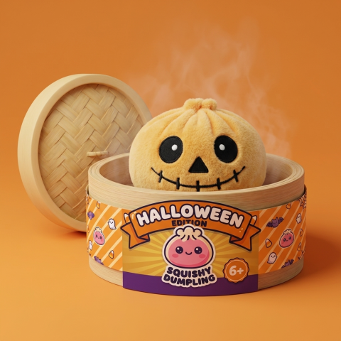 Skeleton Dumpling Squishy Halloween Sonriente en su cesta de vapor de bambú