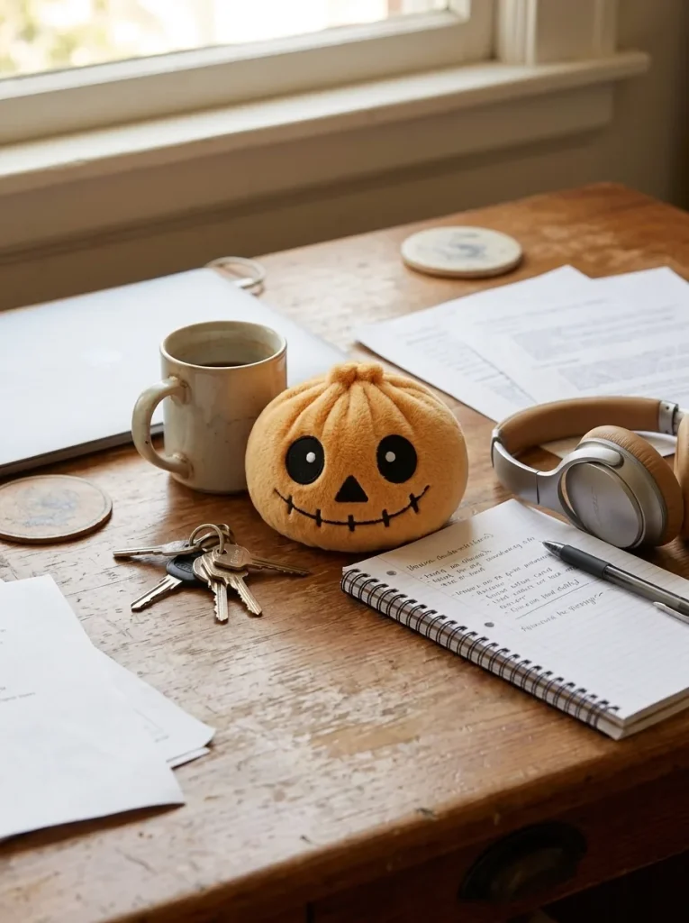 Skeleton Dumpling Squishy Halloween Sonriente en un escritorio