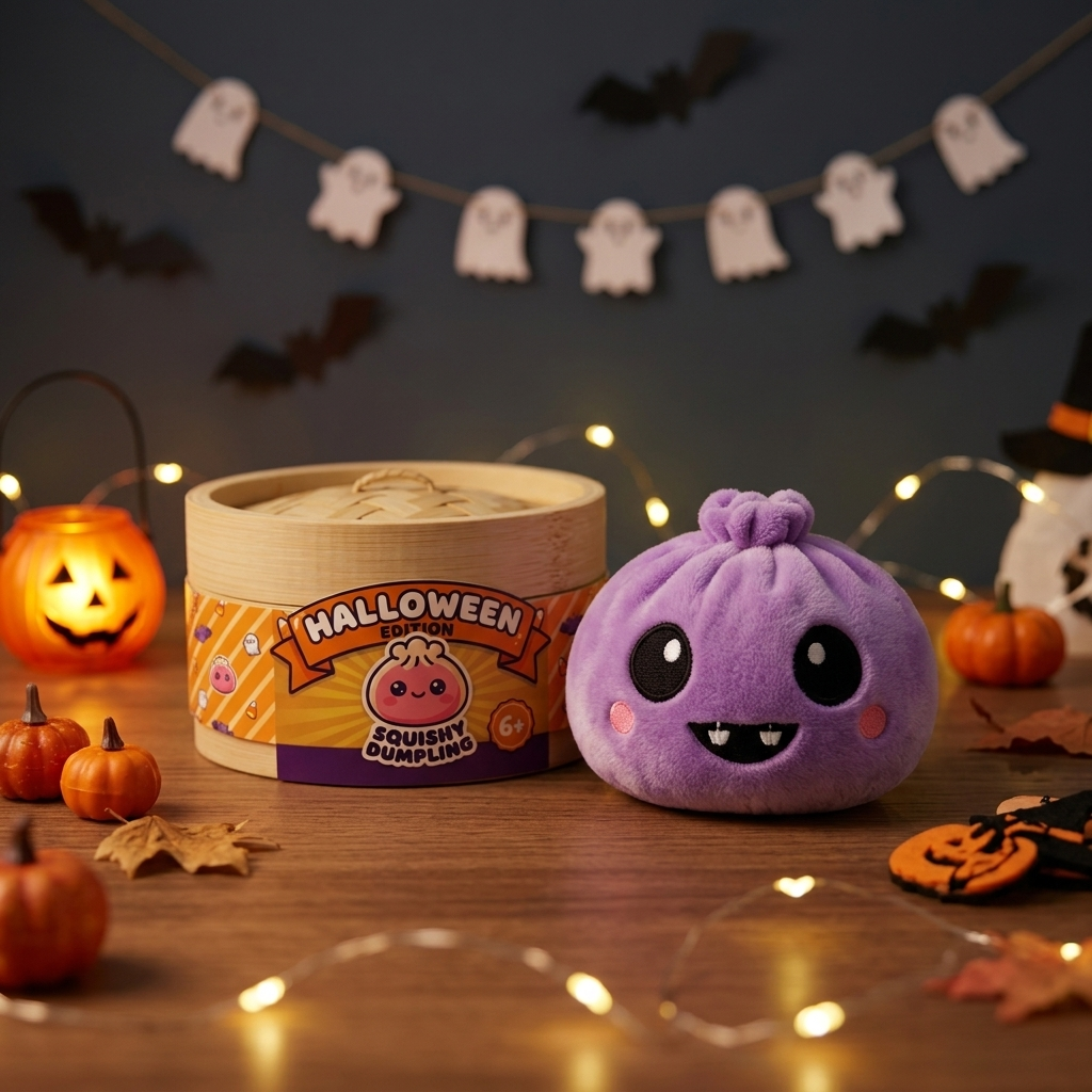Squishy Dumpling Vampire Halloween Terciopelo en un ambiente de escritorio