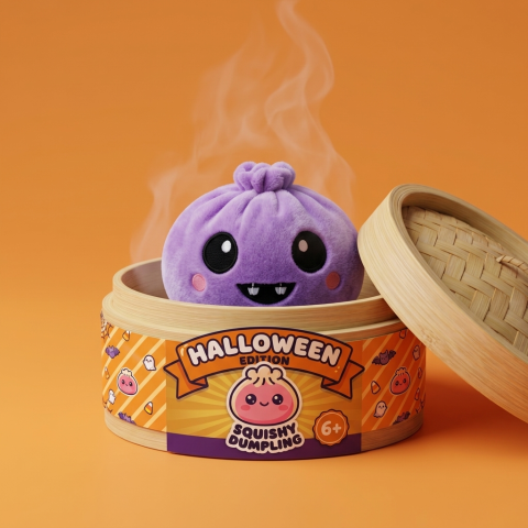 Squishy Dumpling Vampire Halloween Terciopelo en su cesta de vapor de bambú