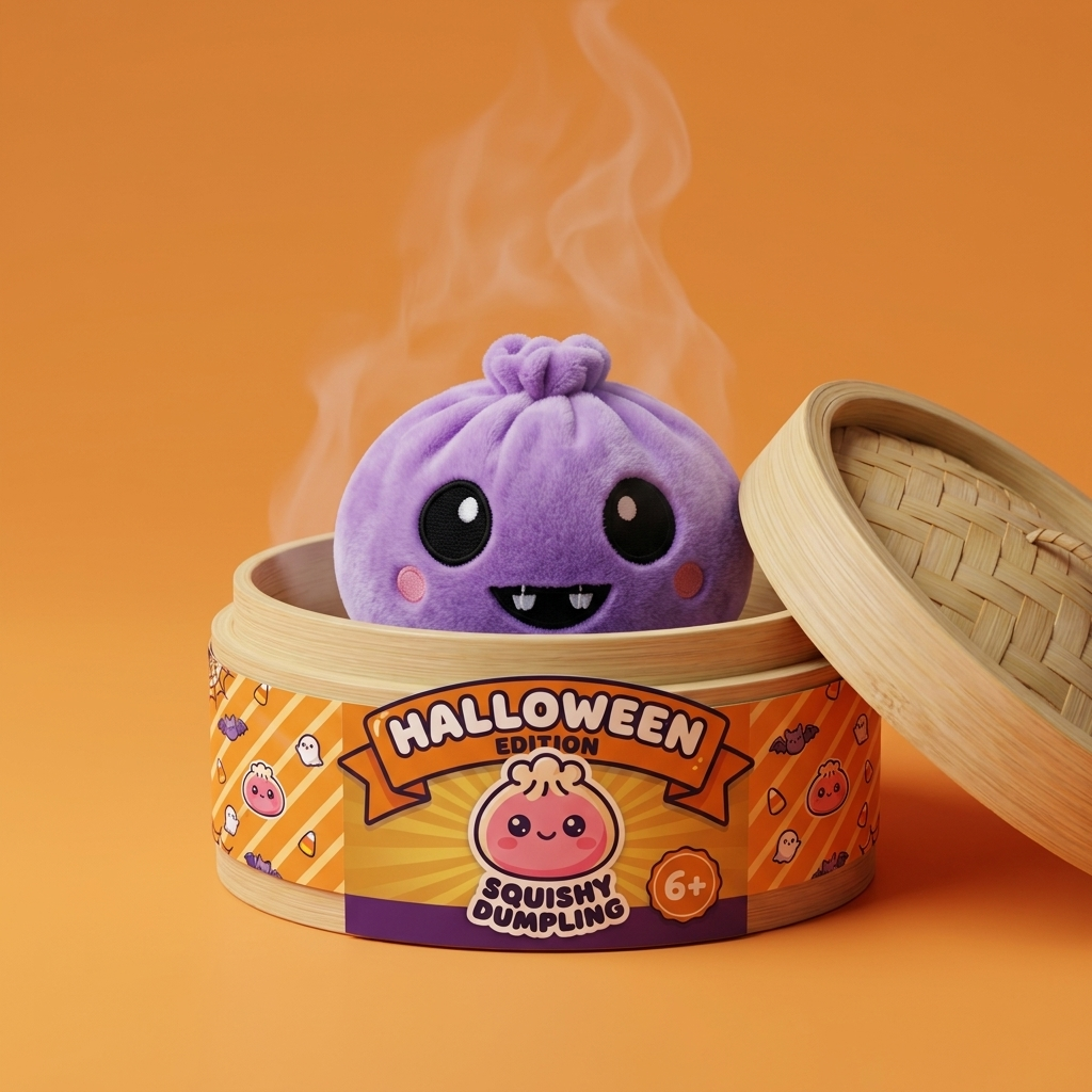 Squishy Dumpling Vampire Halloween Terciopelo en su cesta de vapor de bambú