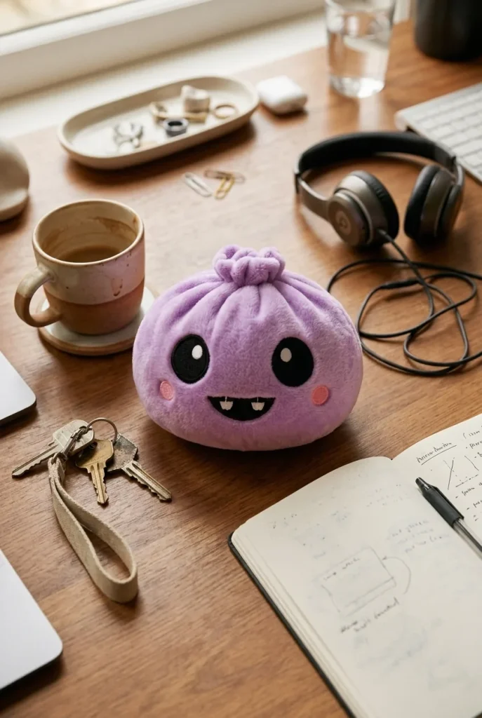 Squishy Dumpling Vampire Halloween Terciopelo en un escritorio