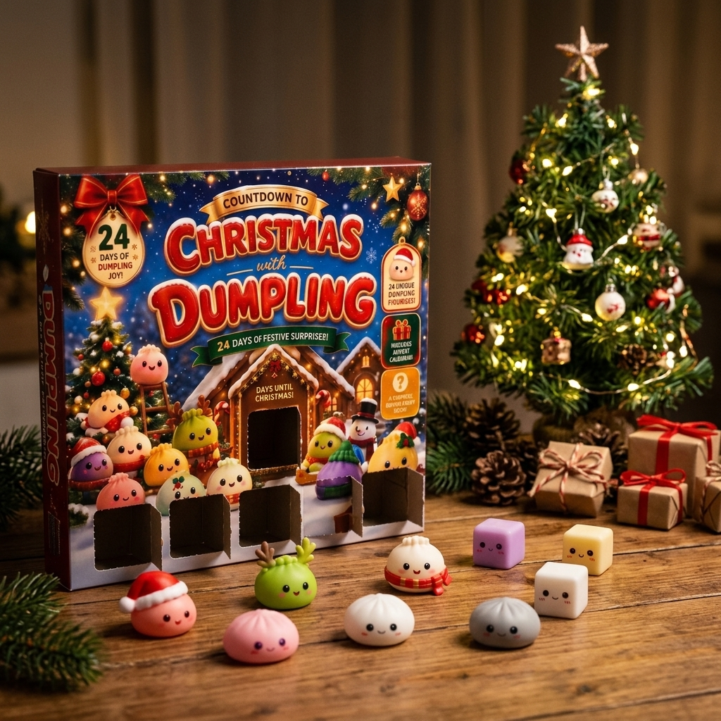 Calendario Adviento Squishy Dumpling Mochi Jengibre en un ambiente de escritorio