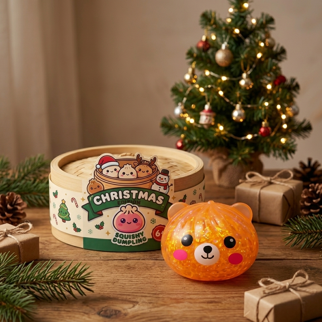 Dumpling Squishy Oso Mystery Glitter en un ambiente de escritorio