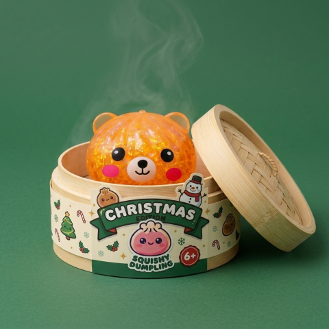 Dumpling Squishy Oso Mystery Glitter en su cesta de vapor de bambú