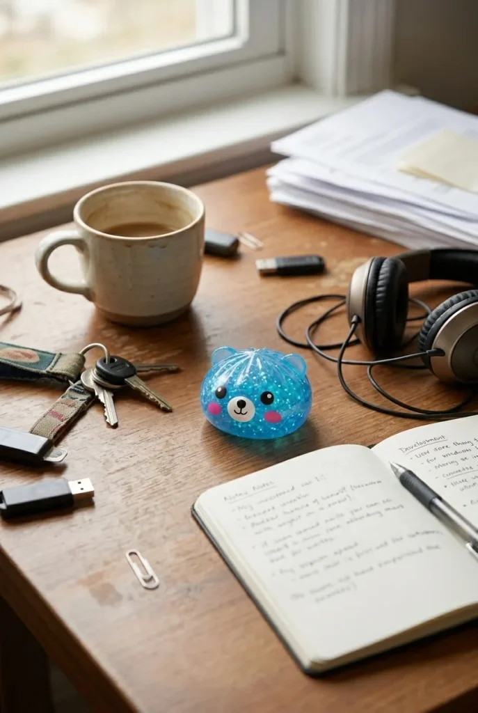 Dumpling Squishy Oso Mystery Glitter en un escritorio