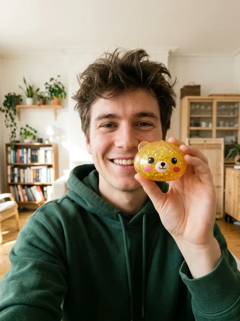 Dumpling Squishy Oso Mystery Glitter cerca de la cara