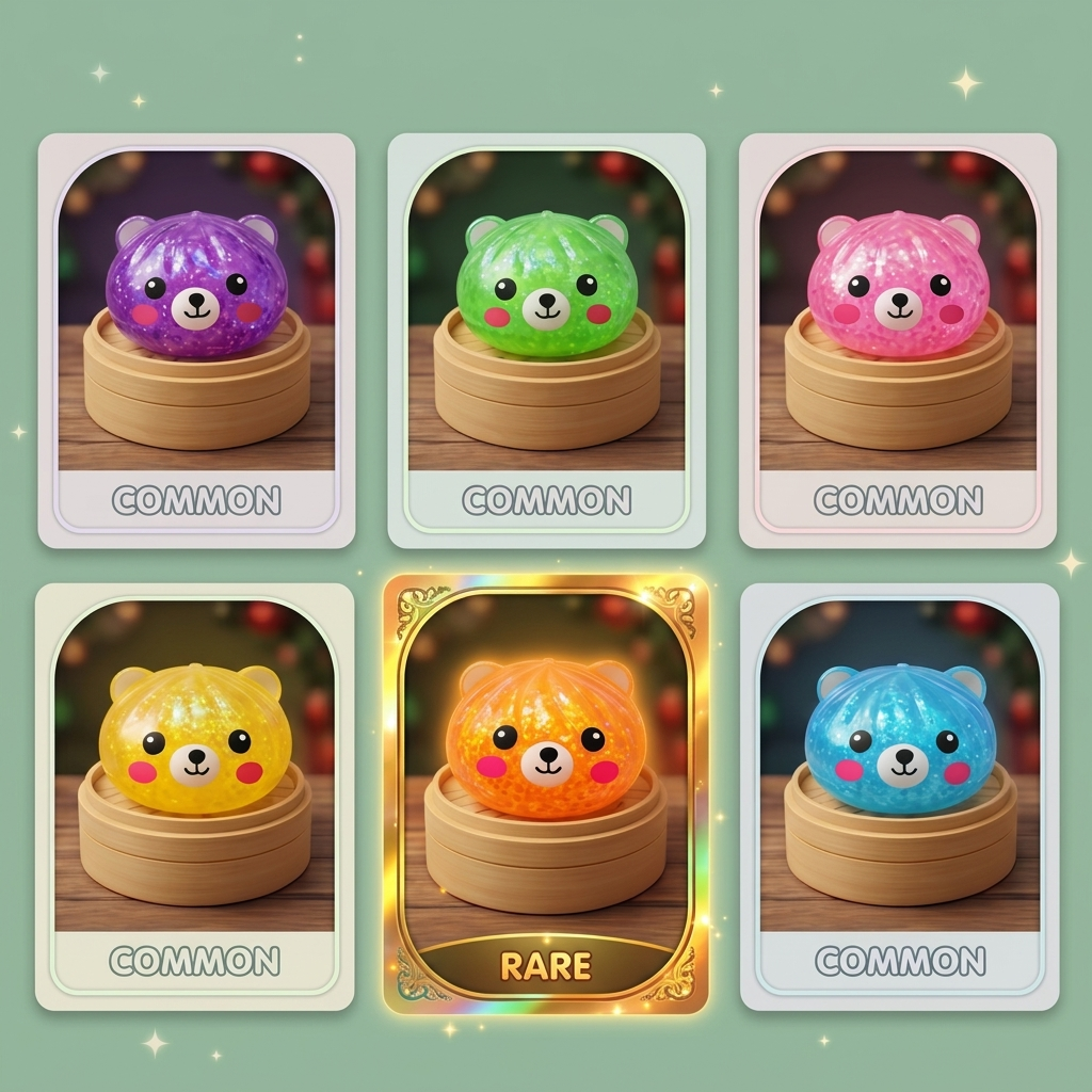 Dumpling Squishy Oso Mystery Glitter — tabla de rarezas (común, raro, ultra raro)