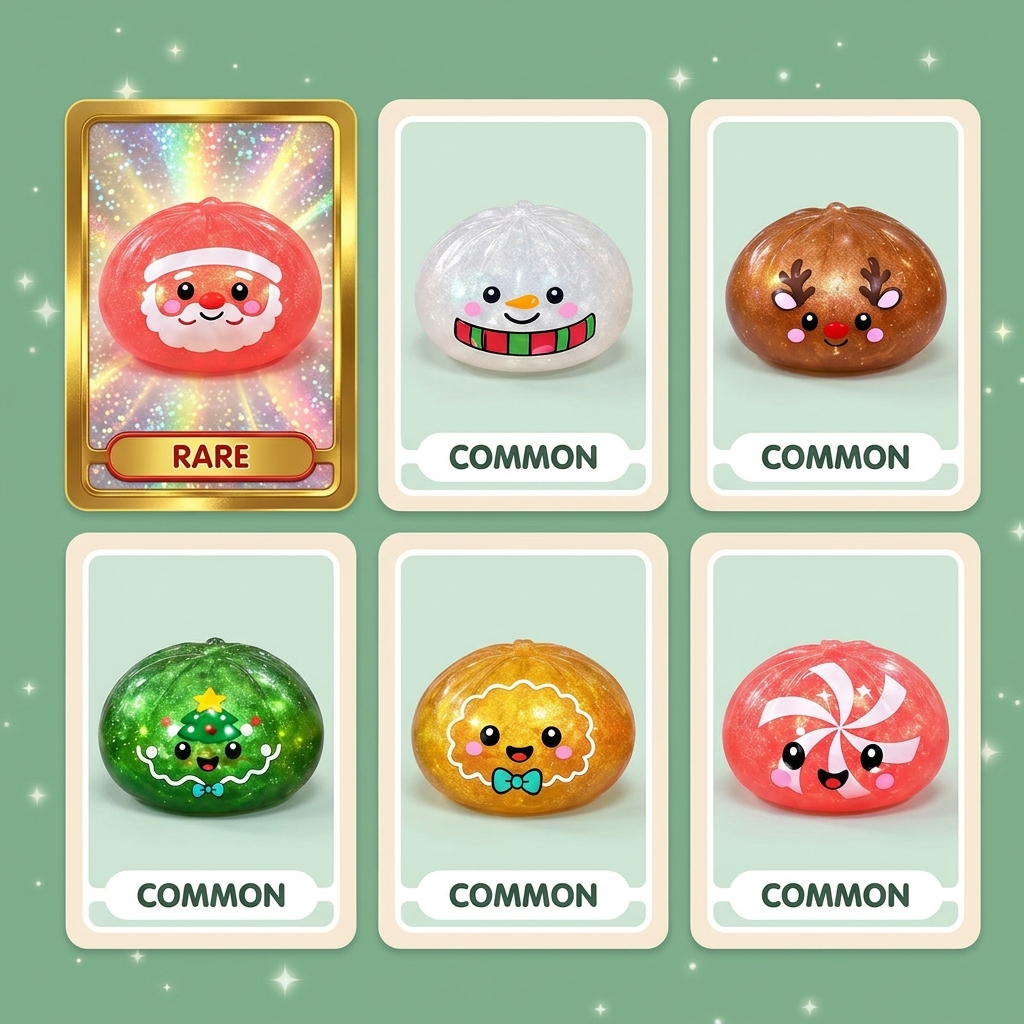 Dumpling Squishy Mystery Candy Navidad — tabla de rarezas (común, raro, ultra raro)