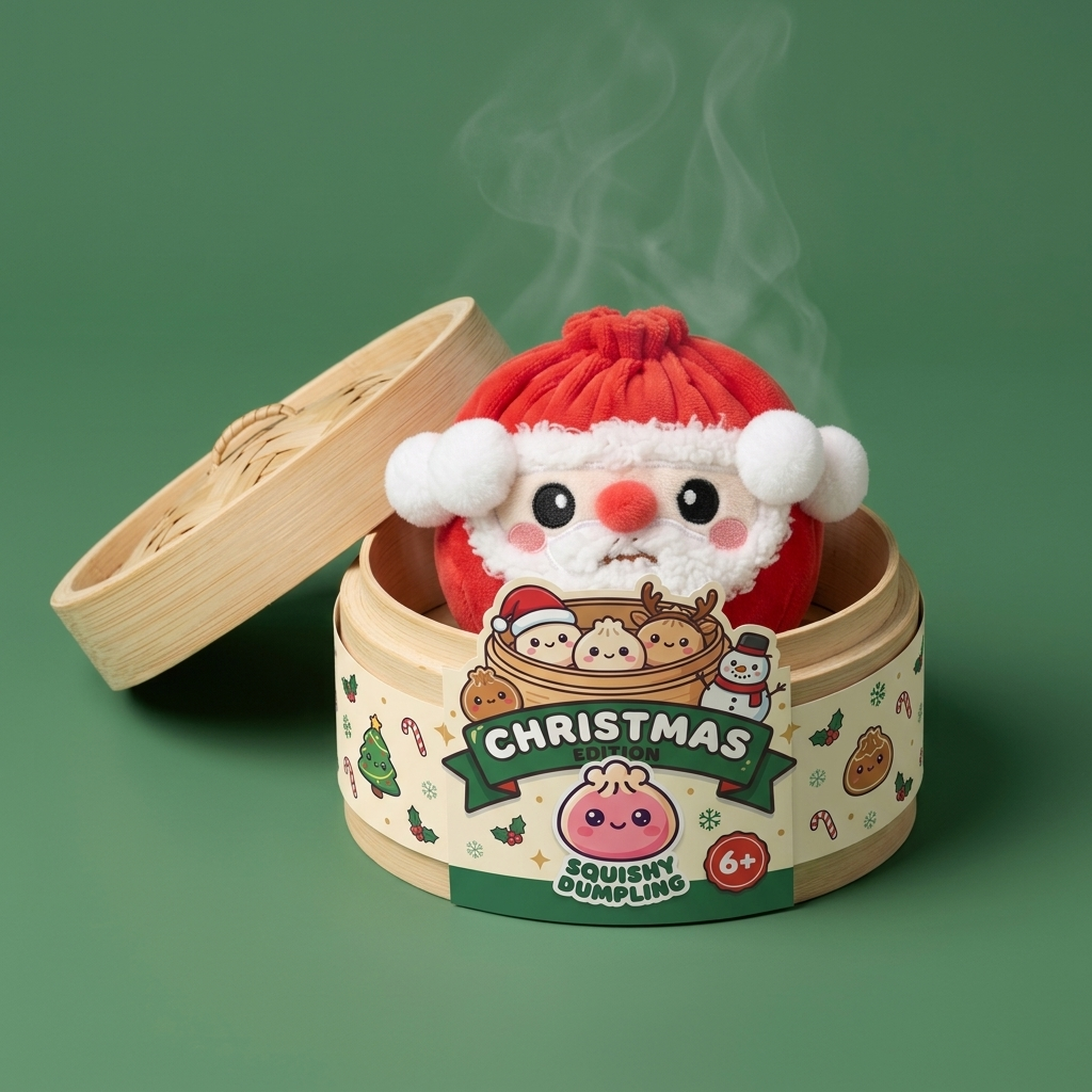Dumpling Squishy Mystery Navidad en su cesta de vapor de bambú