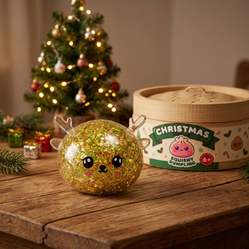 Squishy Dumpling Reno Mystery con Purpurina en un ambiente de escritorio