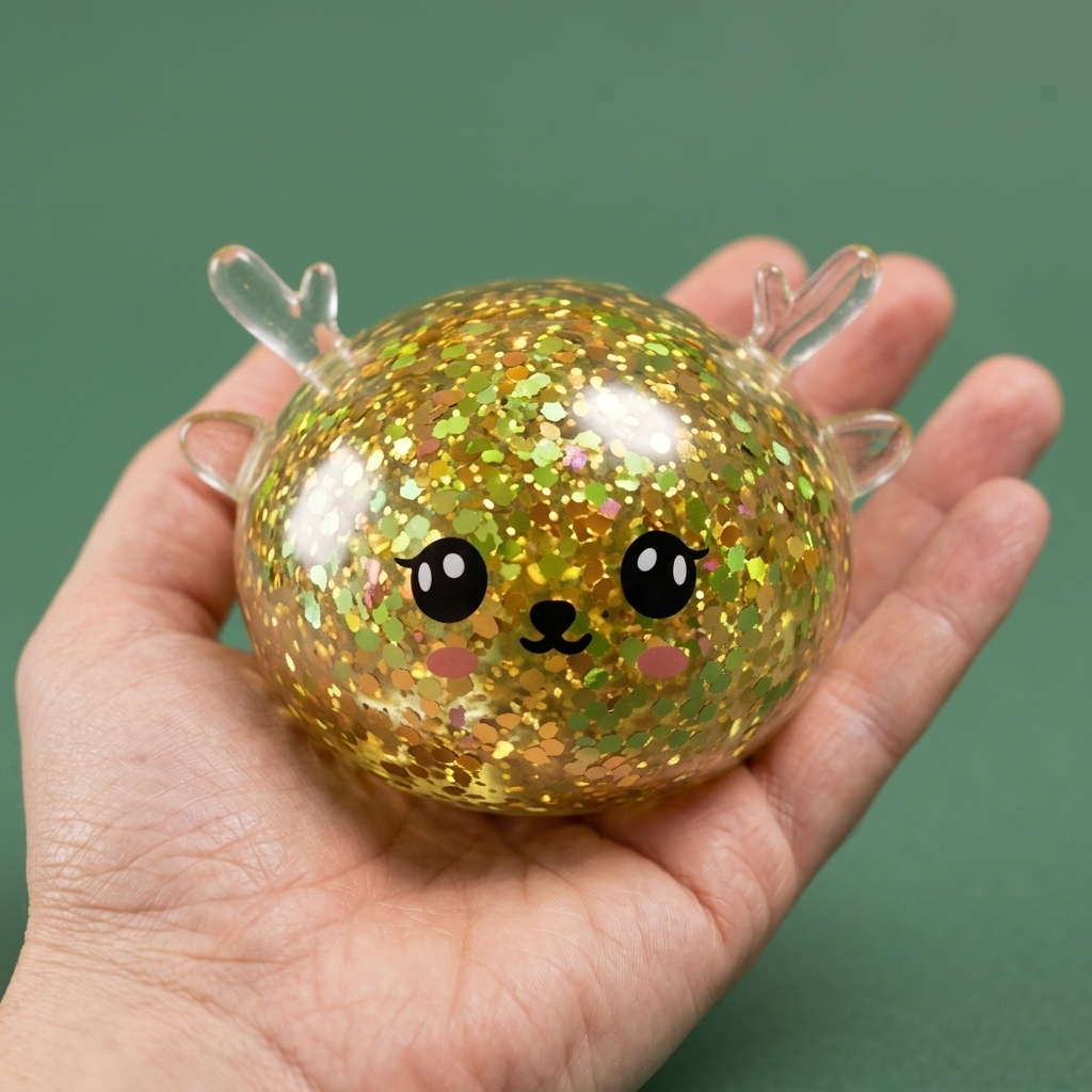 Squishy Dumpling Reno Mystery con Purpurina en la mano, tamaño real