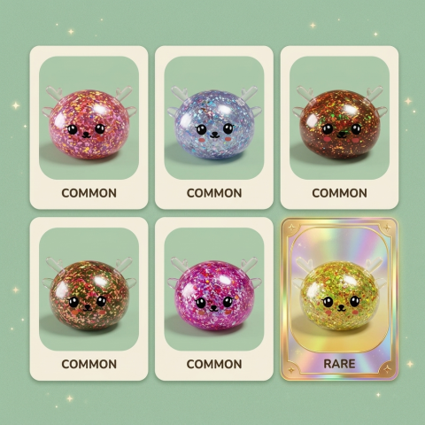Squishy Dumpling Reno Mystery con Purpurina — tabla de rarezas (común, raro, ultra raro)