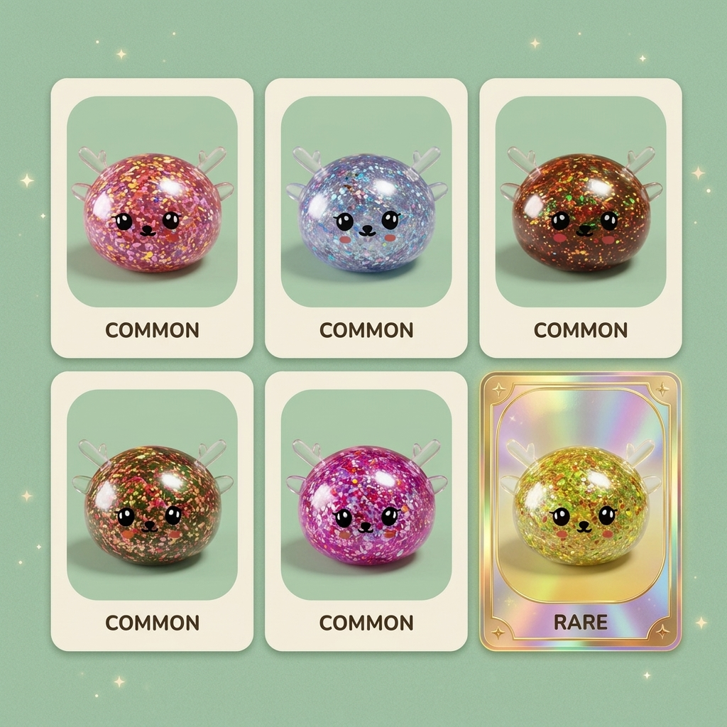 Squishy Dumpling Reno Mystery con Purpurina — tabla de rarezas (común, raro, ultra raro)