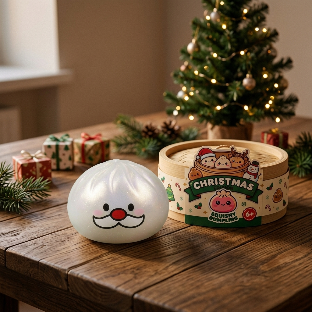 Squishy Dumpling Mystery Bigote de Papá Noel en un ambiente de escritorio