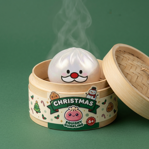 Squishy Dumpling Mystery Bigote de Papá Noel en su cesta de vapor de bambú