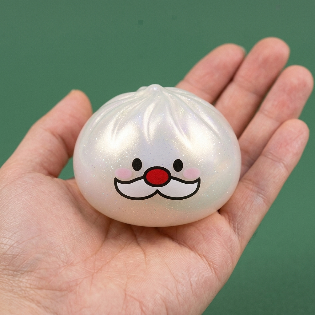 Squishy Dumpling Mystery Bigote de Papá Noel en la mano, tamaño real
