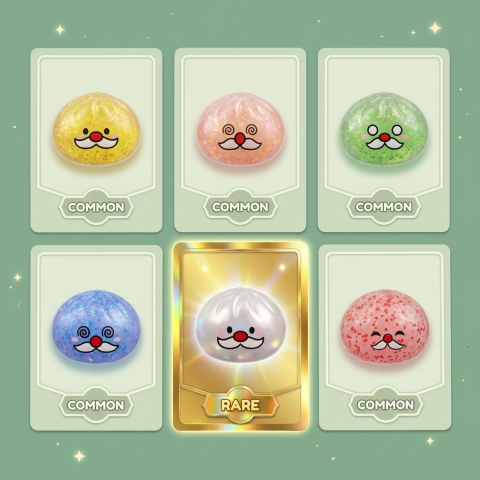 Squishy Dumpling Mystery Bigote de Papá Noel — tabla de rarezas (común, raro, ultra raro)