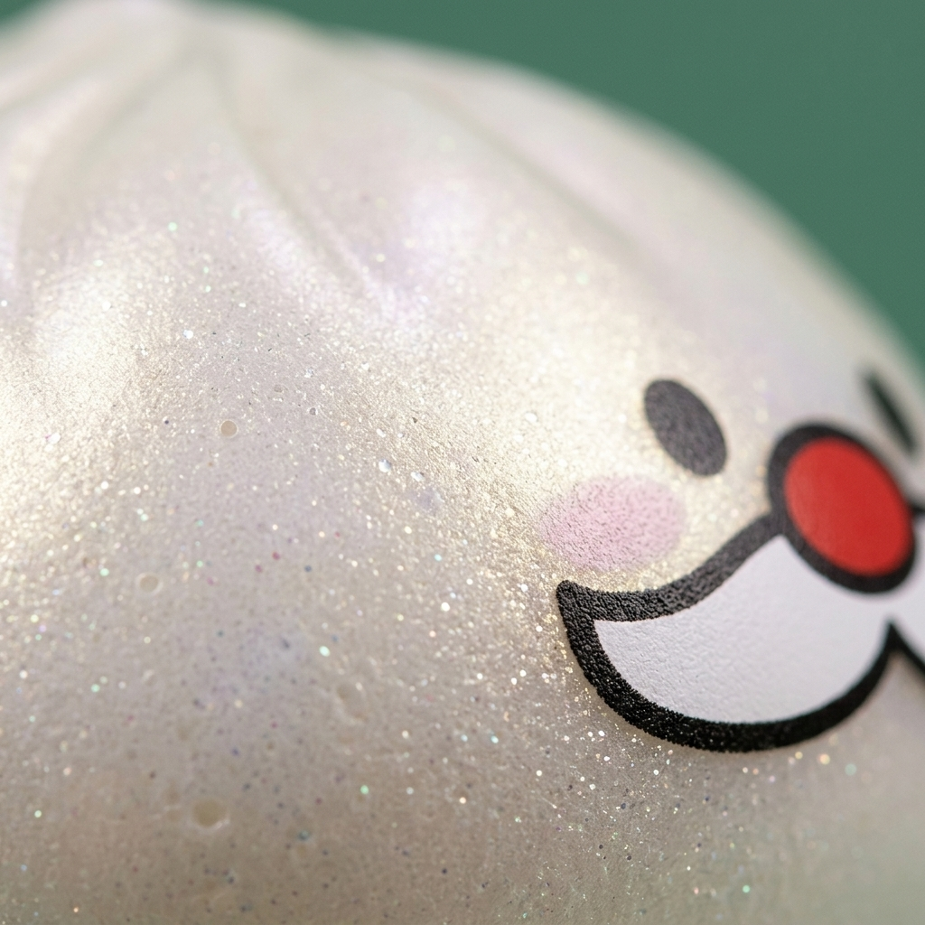 Squishy Dumpling Mystery Bigote de Papá Noel — primer plano macro de la textura