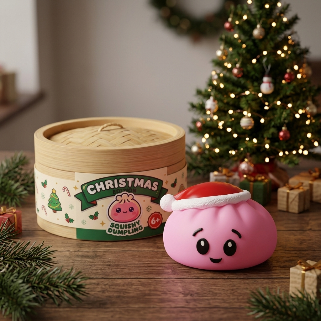 Dumpling Squishy Gorro de Papá Noel Rosa Azúcar en un ambiente de escritorio