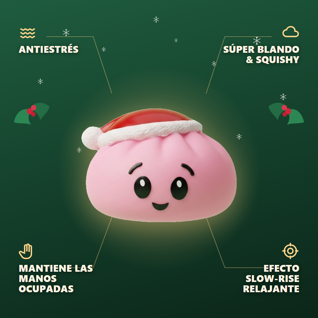 Dumpling Squishy Gorro de Papá Noel Rosa Azúcar — antiestrés, ultra blando, efecto slow-rise