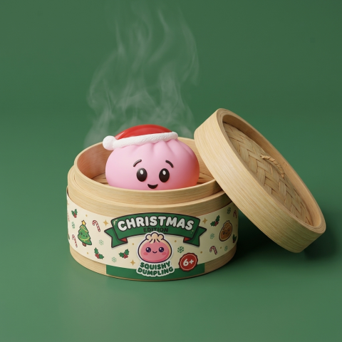 Dumpling Squishy Gorro de Papá Noel Rosa Azúcar en su cesta de vapor de bambú