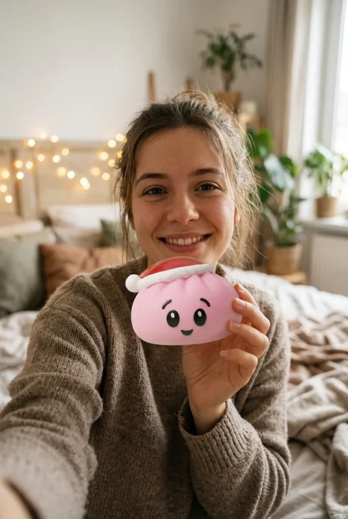 Dumpling Squishy Gorro de Papá Noel Rosa Azúcar cerca de la cara
