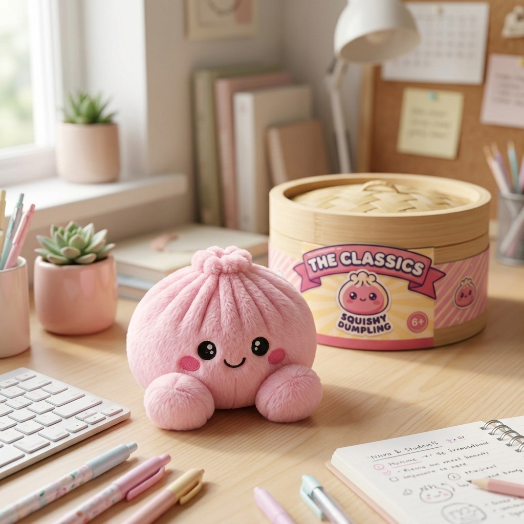 Dumpling Squishy Rose Peluche Peonía en un ambiente de escritorio
