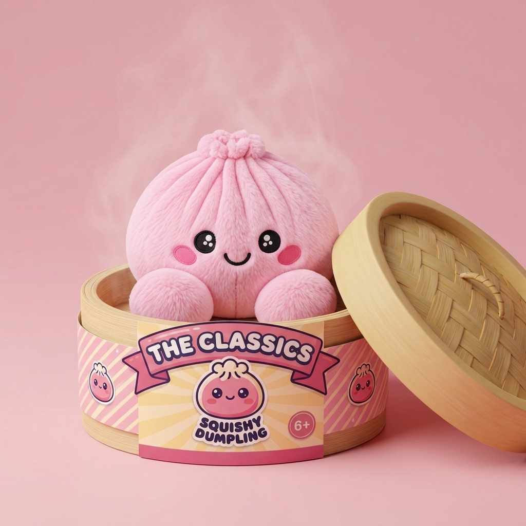 Dumpling Squishy Rose Peluche Peonía en su cesta de vapor de bambú