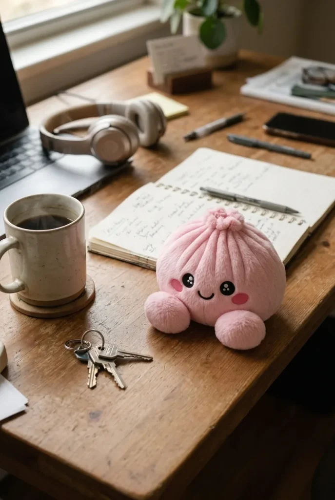 Dumpling Squishy Rose Peluche Peonía en un escritorio