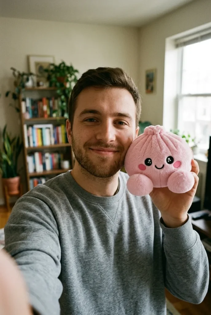 Dumpling Squishy Rose Peluche Peonía cerca de la cara