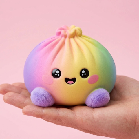 Squishy Dumpling Arcoíris Pastel en la mano, tamaño real