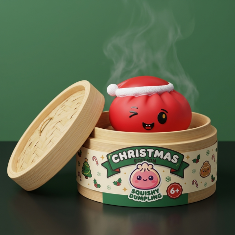 Squishy Dumpling Gorro Navideño Rojo en su cesta de vapor de bambú