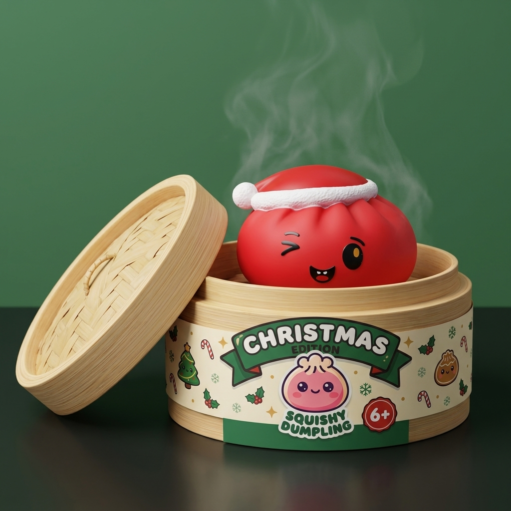 Squishy Dumpling Gorro Navideño Rojo en su cesta de vapor de bambú