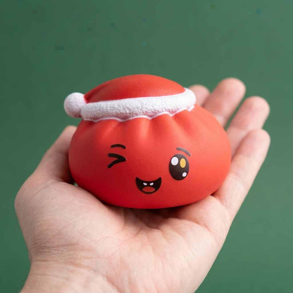 Squishy Dumpling Gorro Navideño Rojo en la mano, tamaño real