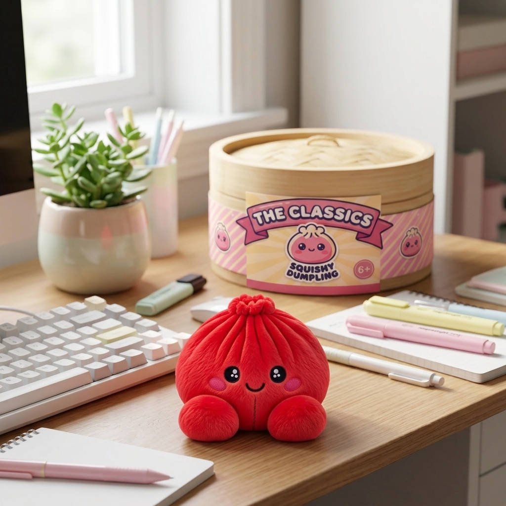 Dumpling Squishy Peluche Rojo Rubí en un ambiente de escritorio
