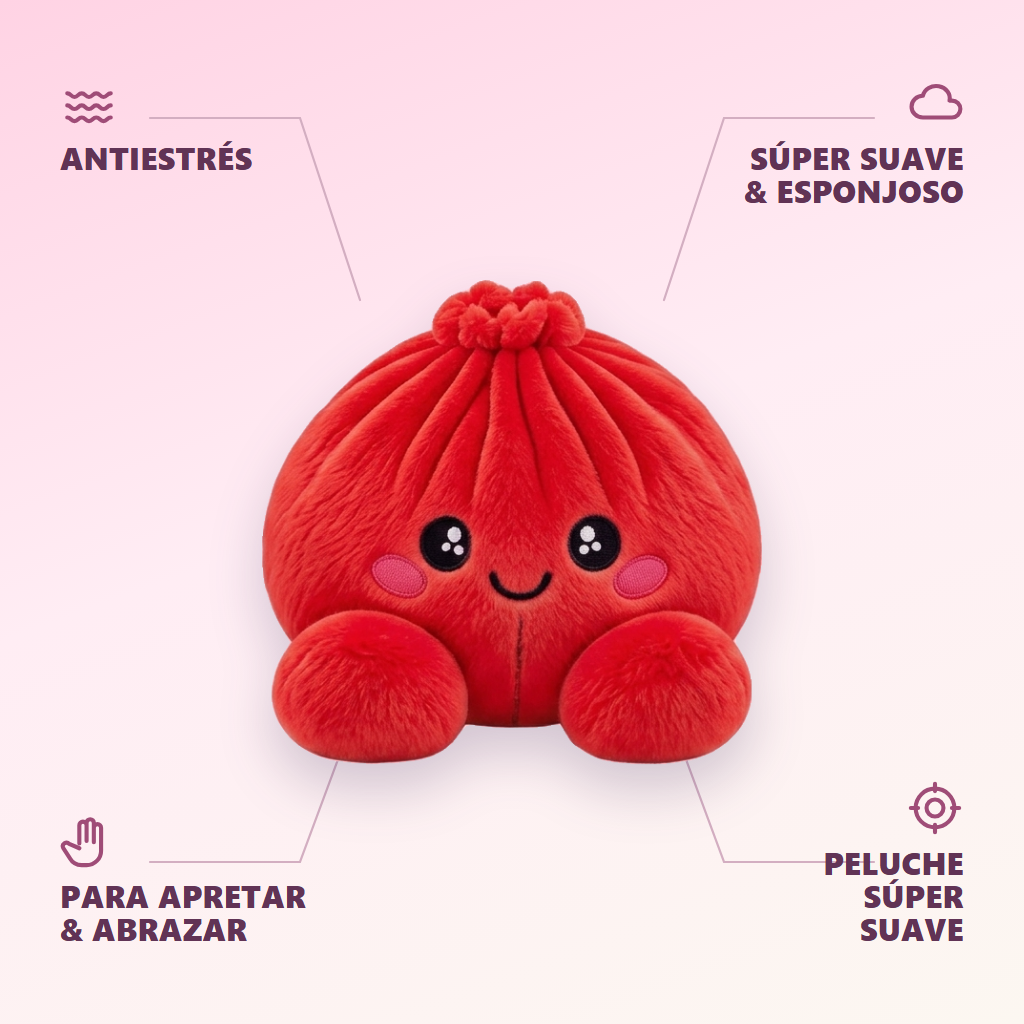 Dumpling Squishy Peluche Rojo Rubí — antiestrés, ultra blando, efecto slow-rise