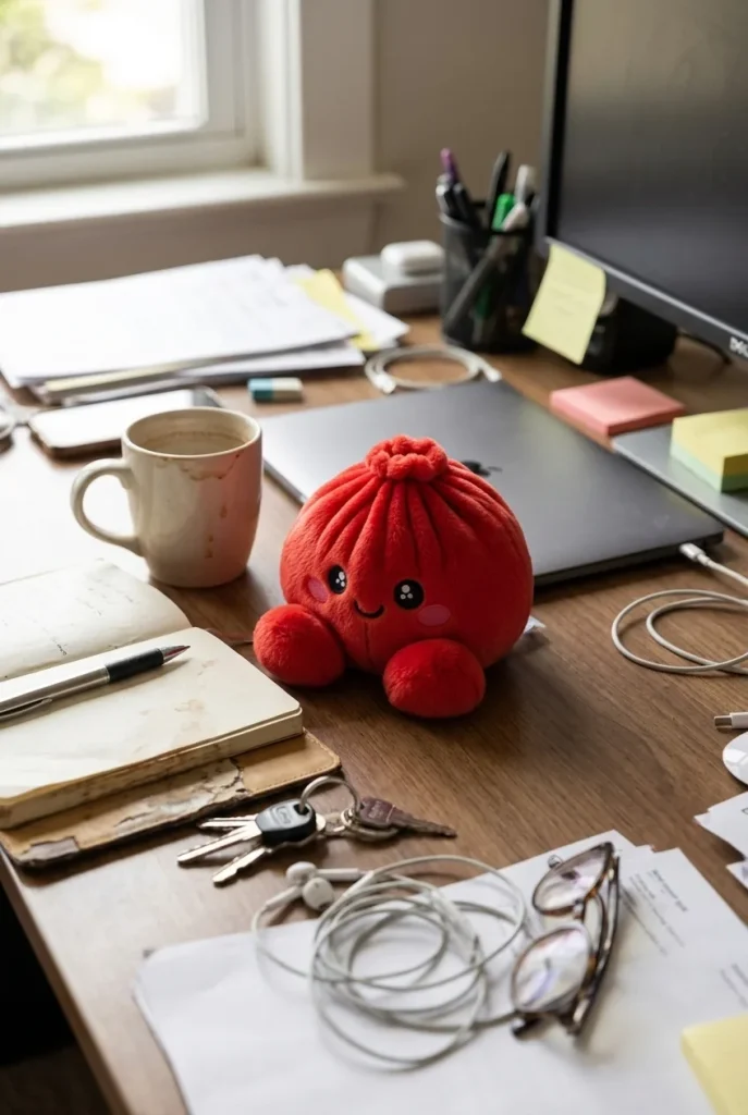 Dumpling Squishy Peluche Rojo Rubí en un escritorio
