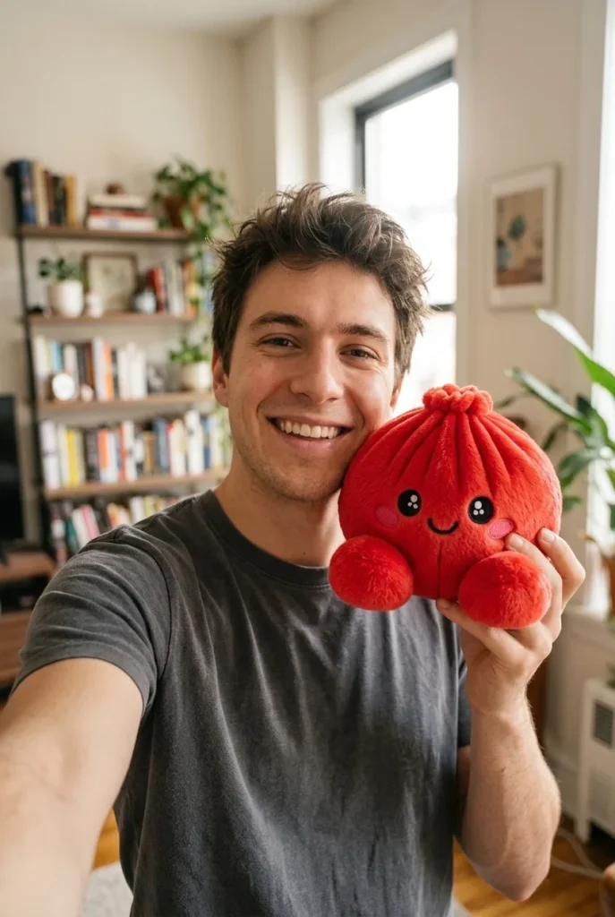 Dumpling Squishy Peluche Rojo Rubí cerca de la cara