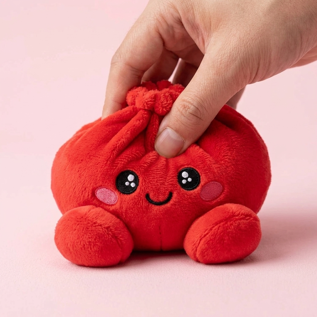 Dumpling Squishy Peluche Rojo Rubí — efecto slow-rise, la espuma recupera su forma