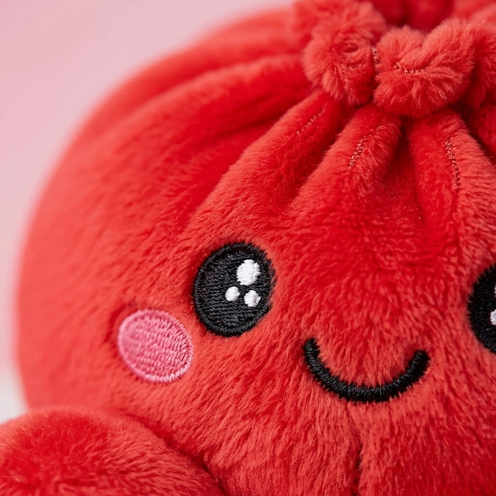 Dumpling Squishy Peluche Rojo Rubí — primer plano macro de la textura